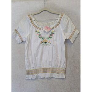 Event Women's Size S White Cotton Embroidered Peasant Blouse Smocked Top